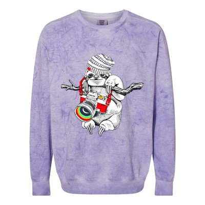Hipster Sloth With Retro Camera Colorblast Crewneck Sweatshirt