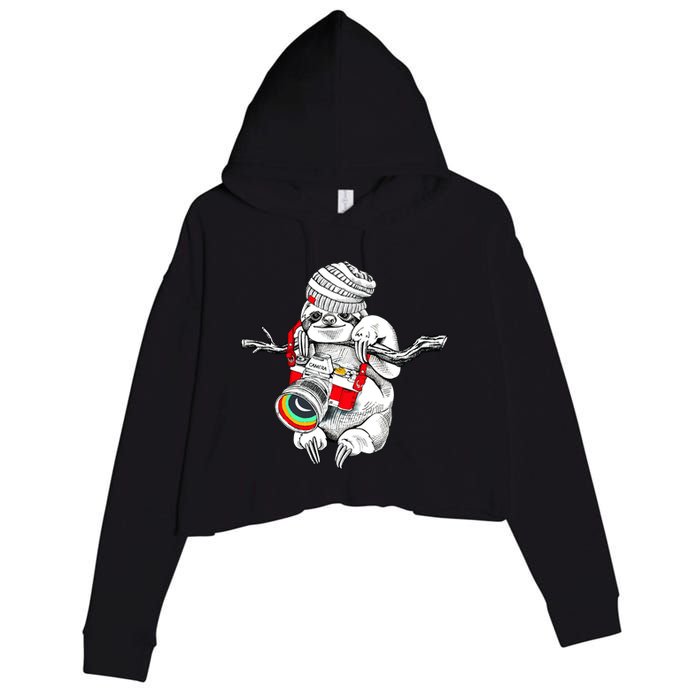 Hipster Sloth With Retro Camera Crop Fleece Hoodie