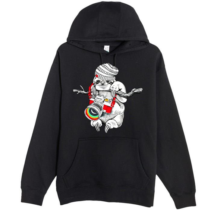 Hipster Sloth With Retro Camera Premium Pullover Hoodie