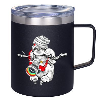 Hipster Sloth With Retro Camera 12oz Stainless Steel Coffee Mug