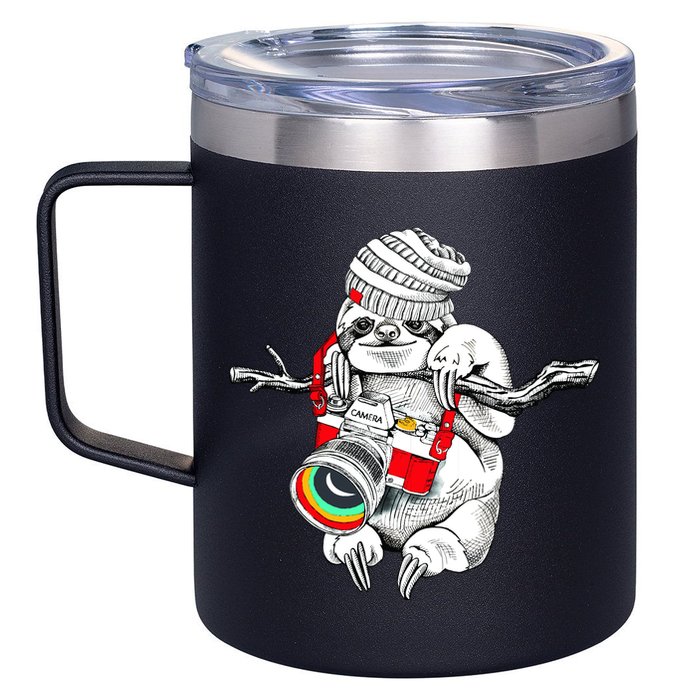 Hipster Sloth With Retro Camera 12oz Stainless Steel Coffee Mug