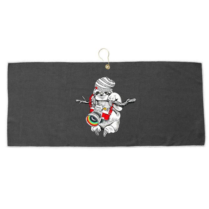 Hipster Sloth With Retro Camera Large Microfiber Waffle Golf Towel