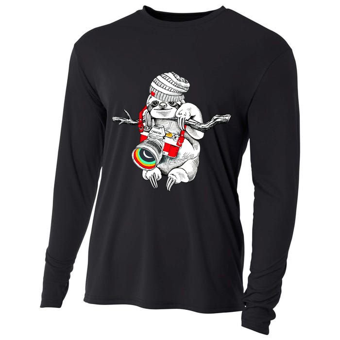 Hipster Sloth With Retro Camera Cooling Performance Long Sleeve Crew