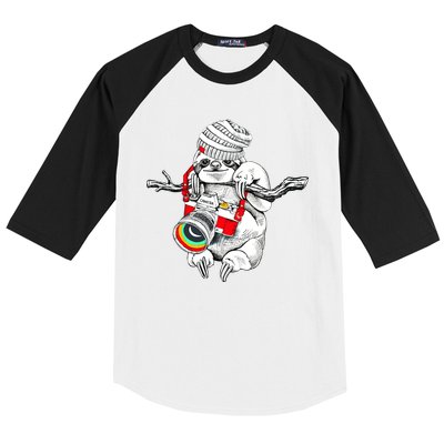 Hipster Sloth With Retro Camera Baseball Sleeve Shirt