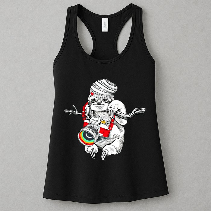Hipster Sloth With Retro Camera Womens Tank Top