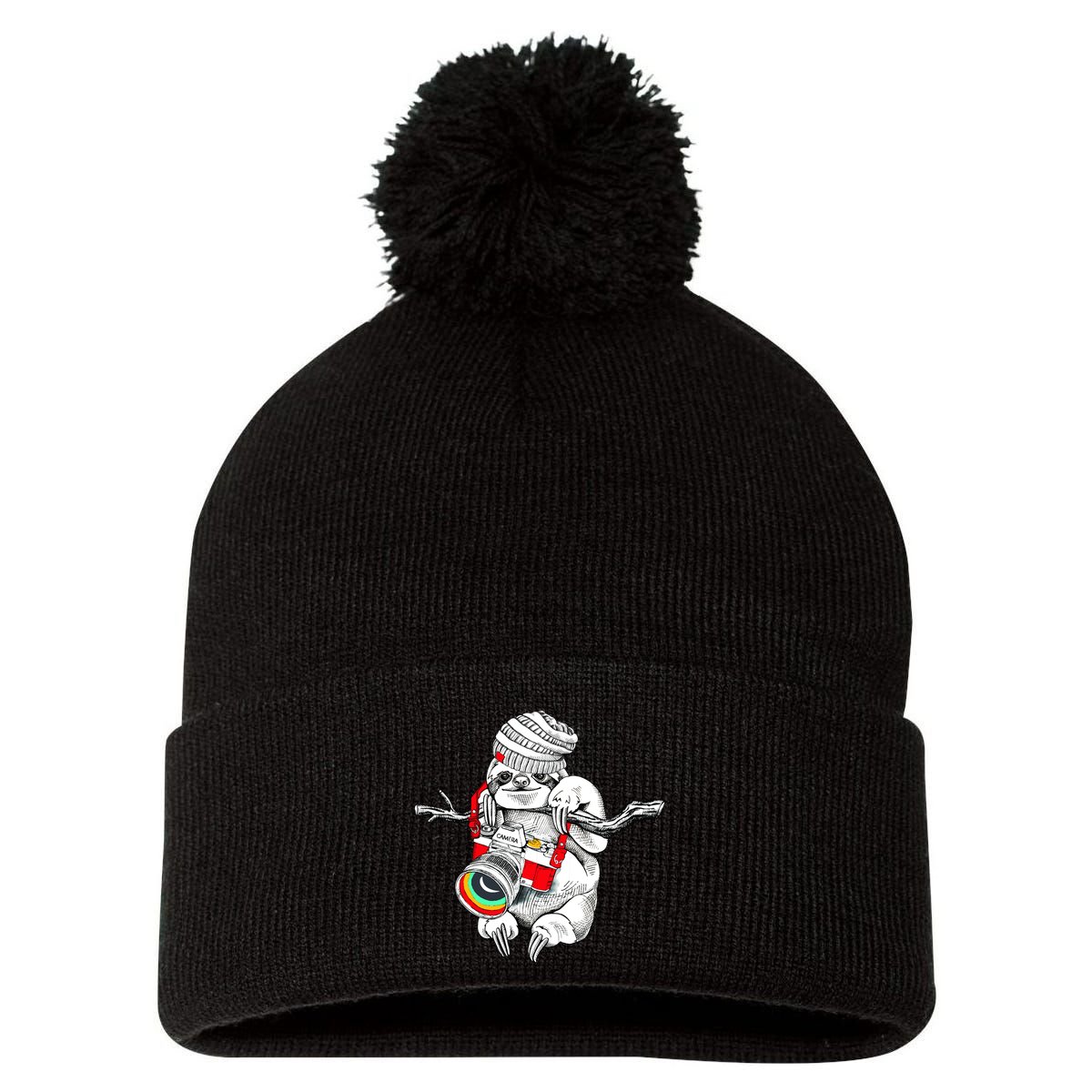 Hipster Sloth With Retro Camera Pom Pom 12in Knit Beanie