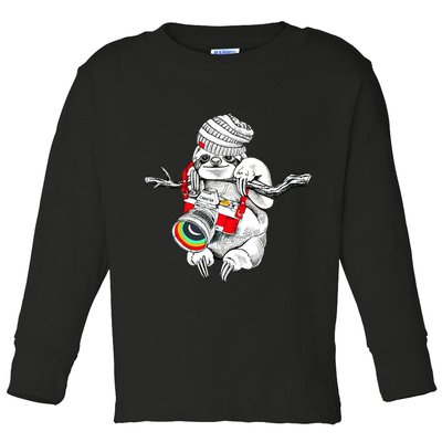 Hipster Sloth With Retro Camera Toddler Long Sleeve Shirt
