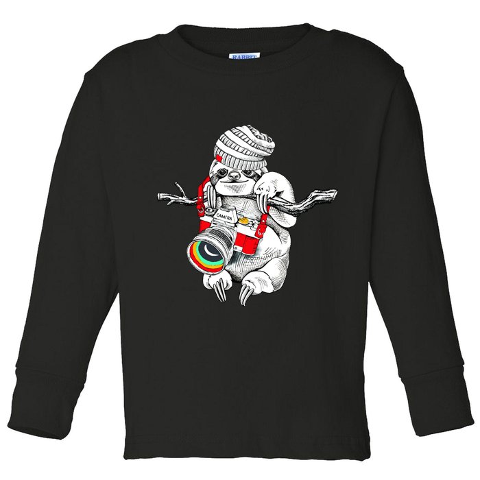 Hipster Sloth With Retro Camera Toddler Long Sleeve Shirt
