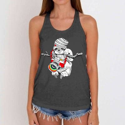 Hipster Sloth With Retro Camera Women's Knotted Racerback Tank