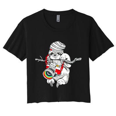 Hipster Sloth With Retro Camera Crop Top