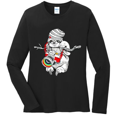 Hipster Sloth With Retro Camera Ladies Long Sleeve Shirt
