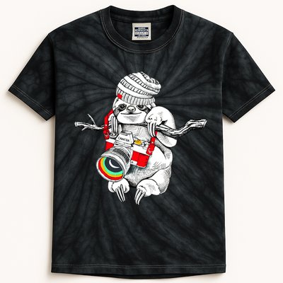 Hipster Sloth With Retro Camera Kids Tie-Dye T-Shirt
