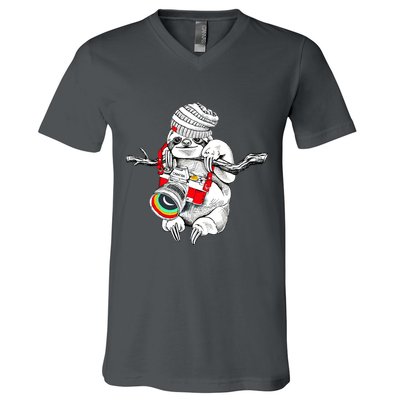 Hipster Sloth With Retro Camera V-Neck T-Shirt