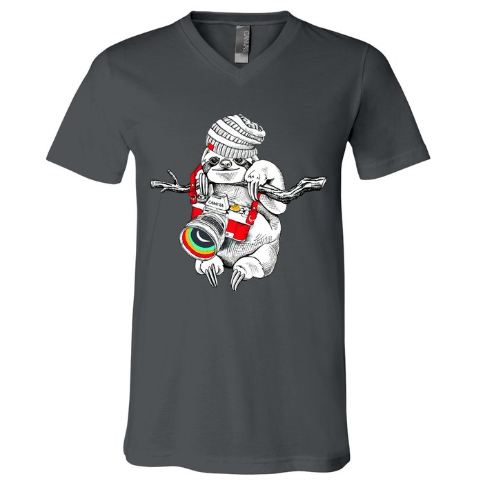 Hipster Sloth With Retro Camera V-Neck T-Shirt
