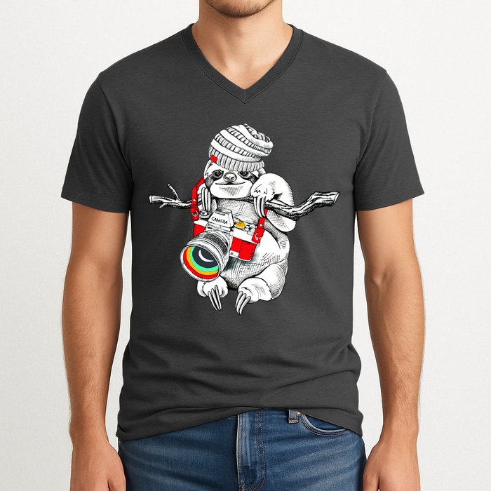 Hipster Sloth With Retro Camera V-Neck T-Shirt