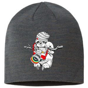 Hipster Sloth With Retro Camera Sustainable Beanie