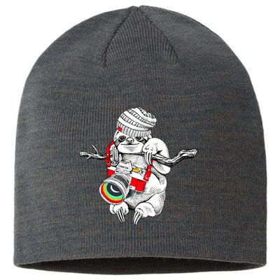 Hipster Sloth With Retro Camera Sustainable Beanie