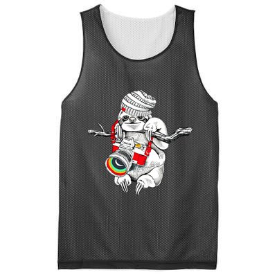 Hipster Sloth With Retro Camera Mesh Reversible Basketball Jersey Tank