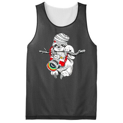 Hipster Sloth With Retro Camera Mesh Reversible Basketball Jersey Tank