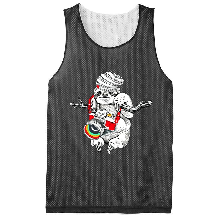Hipster Sloth With Retro Camera Mesh Reversible Basketball Jersey Tank