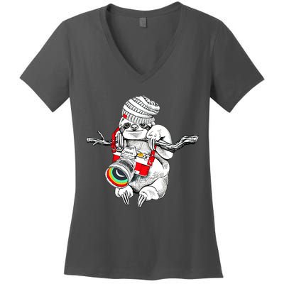 Hipster Sloth With Retro Camera Women's V-Neck T-Shirt