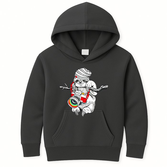 Hipster Sloth With Retro Camera Kids Hoodie