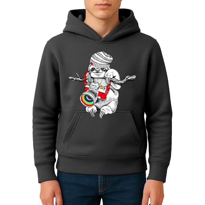 Hipster Sloth With Retro Camera Kids Hoodie