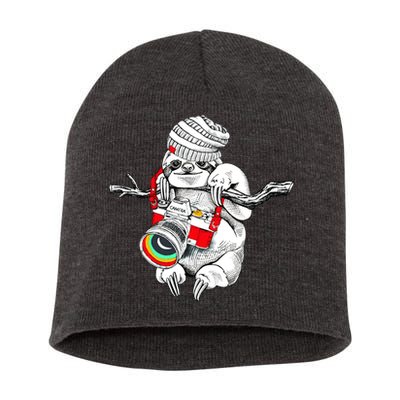 Hipster Sloth With Retro Camera Short Acrylic Beanie
