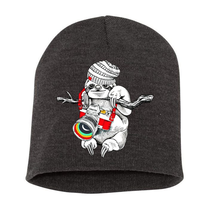 Hipster Sloth With Retro Camera Short Acrylic Beanie