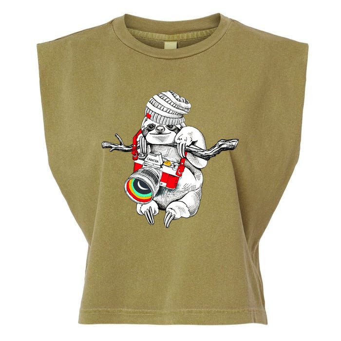 Hipster Sloth With Retro Camera Garment-Dyed Women's Muscle Tee