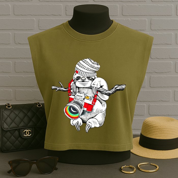 Hipster Sloth With Retro Camera Garment-Dyed Women's Muscle Tee