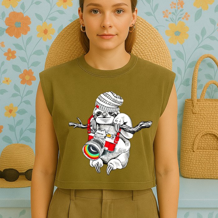 Hipster Sloth With Retro Camera Garment-Dyed Women's Muscle Tee