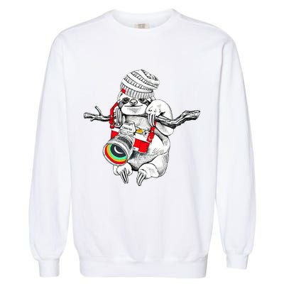 Hipster Sloth With Retro Camera Garment-Dyed Sweatshirt