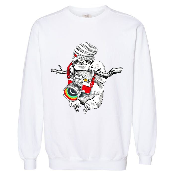 Hipster Sloth With Retro Camera Garment-Dyed Sweatshirt