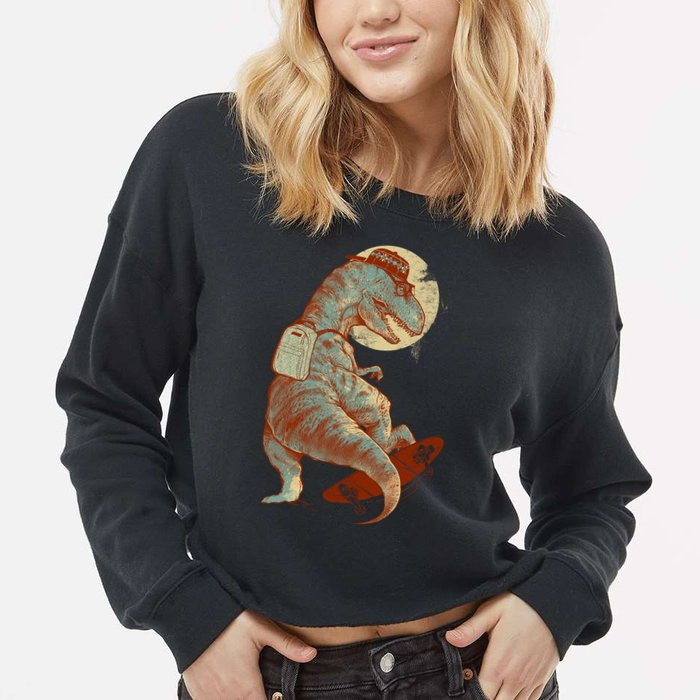 Hipster T-Rex Skateboarding Cropped Pullover Crew