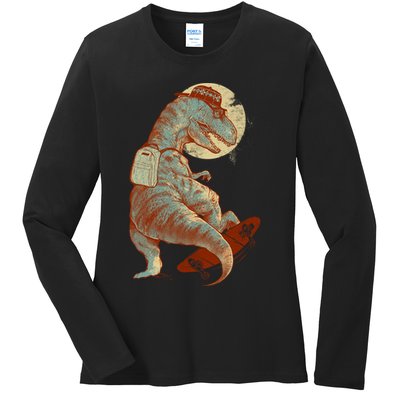 Hipster T-Rex Skateboarding Ladies Long Sleeve Shirt