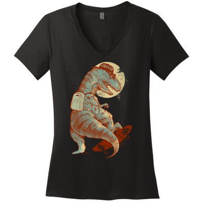 Hipster T-Rex Skateboarding Women's V-Neck T-Shirt