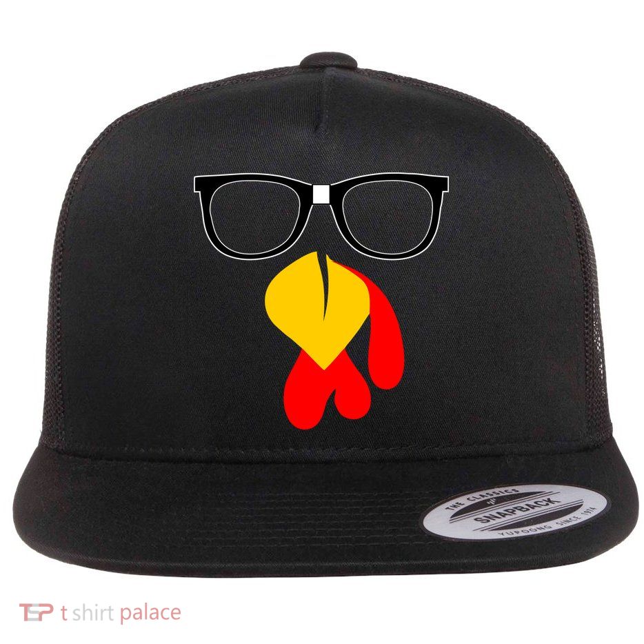 Hipster Turkey Nerd Glasses Thanksgiving Flat Bill Trucker Hat