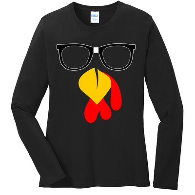 Hipster Turkey Nerd Glasses Thanksgiving Ladies Long Sleeve Shirt
