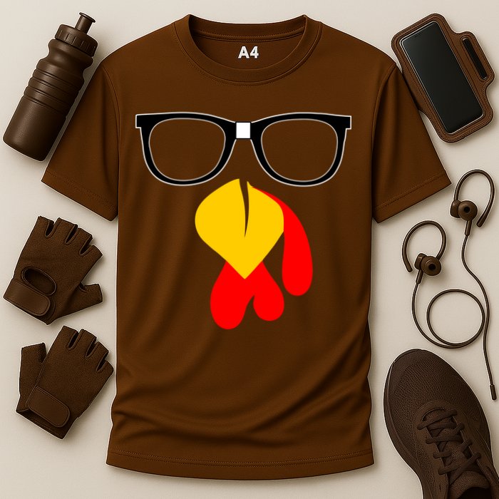 Hipster Turkey Nerd Glasses Thanksgiving Cooling Performance Crew T-Shirt