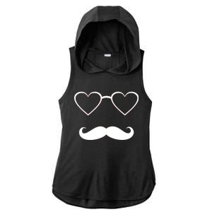 Hipster Valentine's Day Heart Glasses w/ Mustache Ladies PosiCharge Tri-Blend Wicking Draft Hoodie Tank