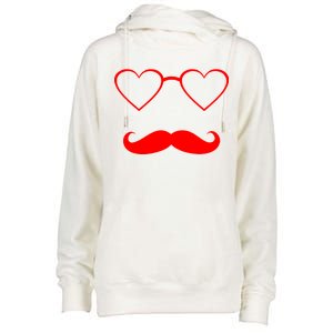 Hipster Valentine's Day Heart Glasses w/ Mustache Womens Funnel Neck Pullover Hood