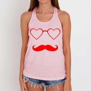 Hipster Valentine's Day Heart Glasses w/ Mustache Women's Knotted Racerback Tank