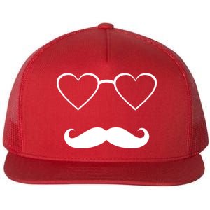 Hipster Valentine's Day Heart Glasses w/ Mustache Flat Bill Trucker Hat