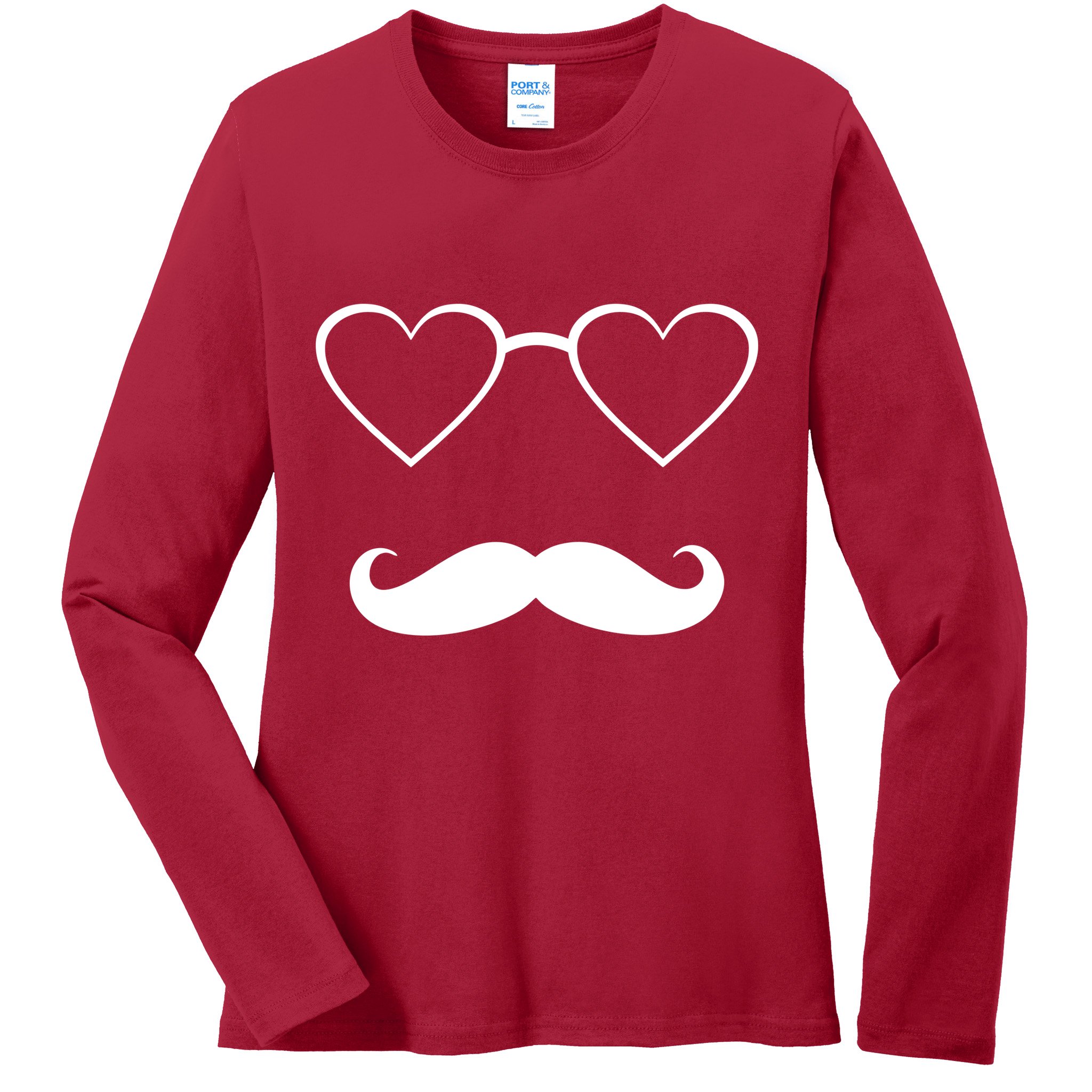 Hipster Valentine's Day Heart Glasses w/ Mustache Ladies Long Sleeve Shirt