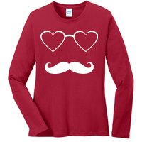 Hipster Valentine's Day Heart Glasses w/ Mustache Ladies Long Sleeve Shirt