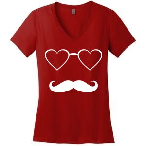 Hipster Valentine's Day Heart Glasses w/ Mustache Women's V-Neck T-Shirt