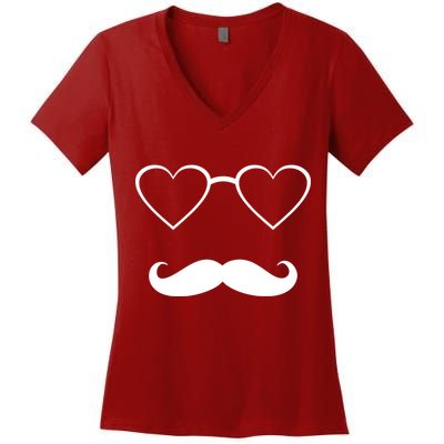 Hipster Valentine's Day Heart Glasses w/ Mustache Women's V-Neck T-Shirt