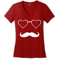 Hipster Valentine's Day Heart Glasses w/ Mustache Women's V-Neck T-Shirt