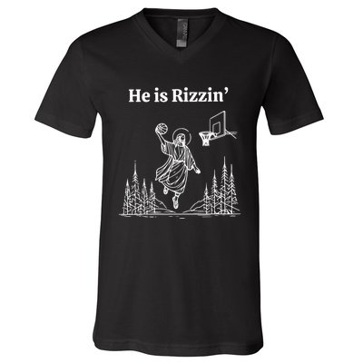 He Is Rizzin Funny Basketball Retro Christian Religious V-Neck T-Shirt